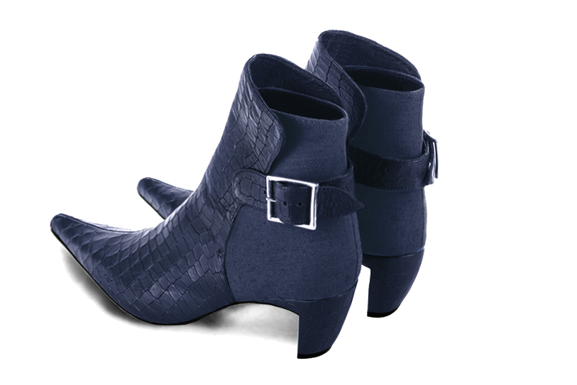 Navy blue women's ankle boots with buckles at the back. Pointed toe. Medium comma heels. Rear view - Florence KOOIJMAN